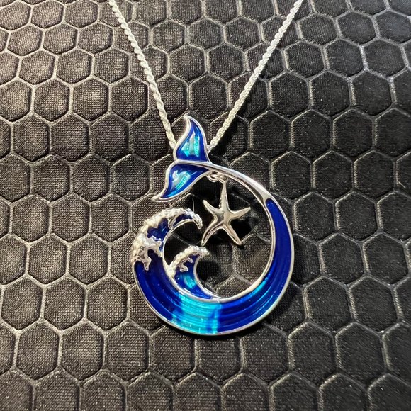Star Fish and Wave Necklace Blue and Silver 18K White Gold Plated - Picture 1 of 1